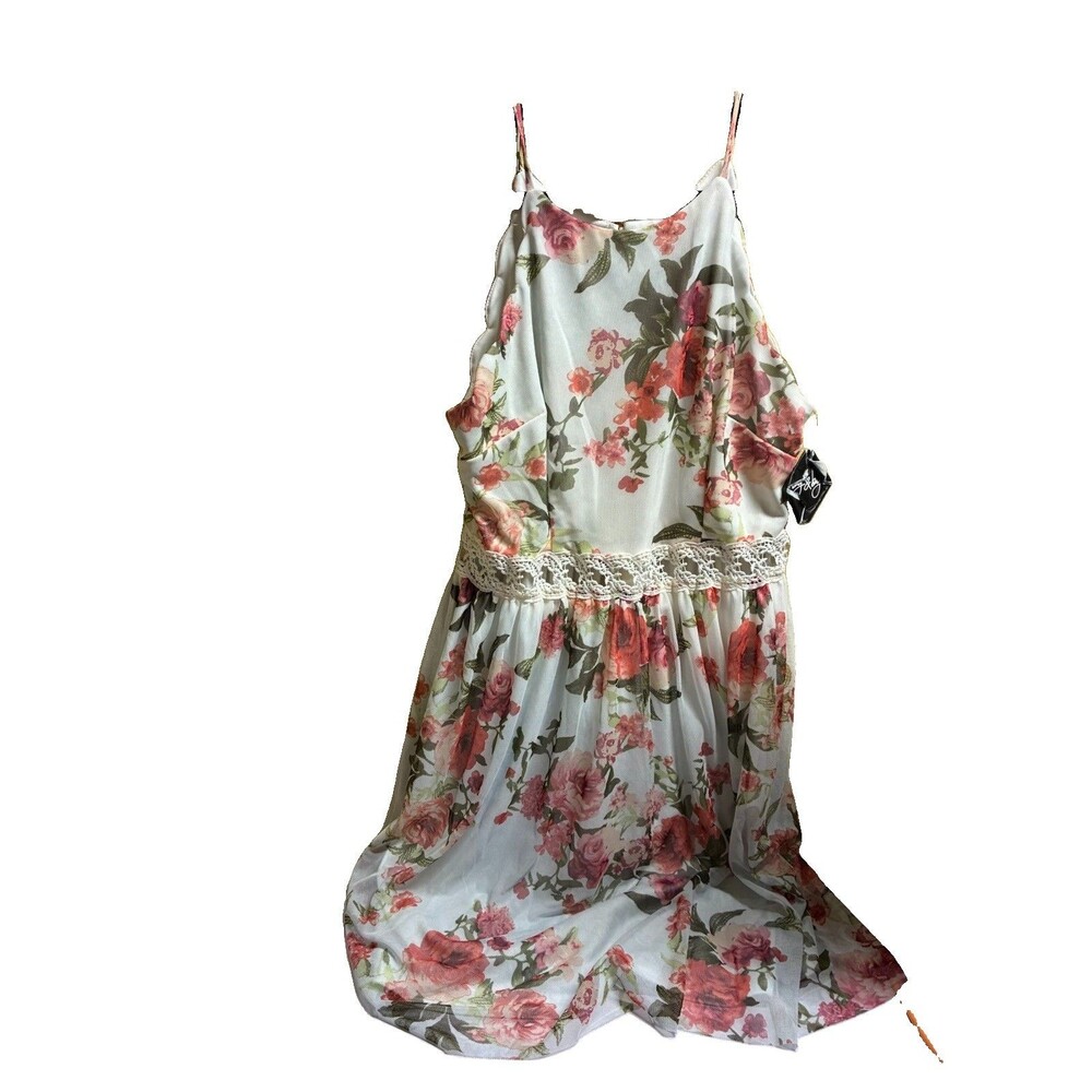 BY & BY Girls Floral Mesh Dress White Pink Lace Waist Special Occasion Size 11